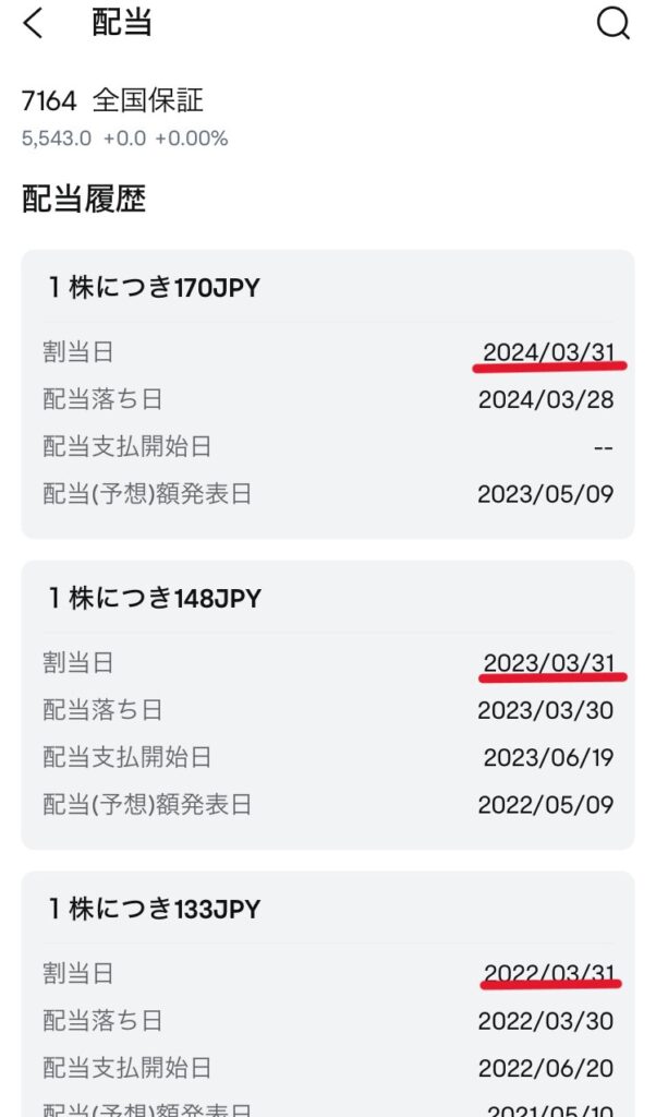 moomoo証券。配当履歴の確認